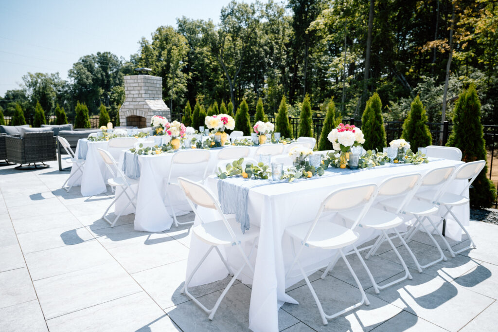 Lemon-themed first birthday party setup with soft blues and white in Louisville KY