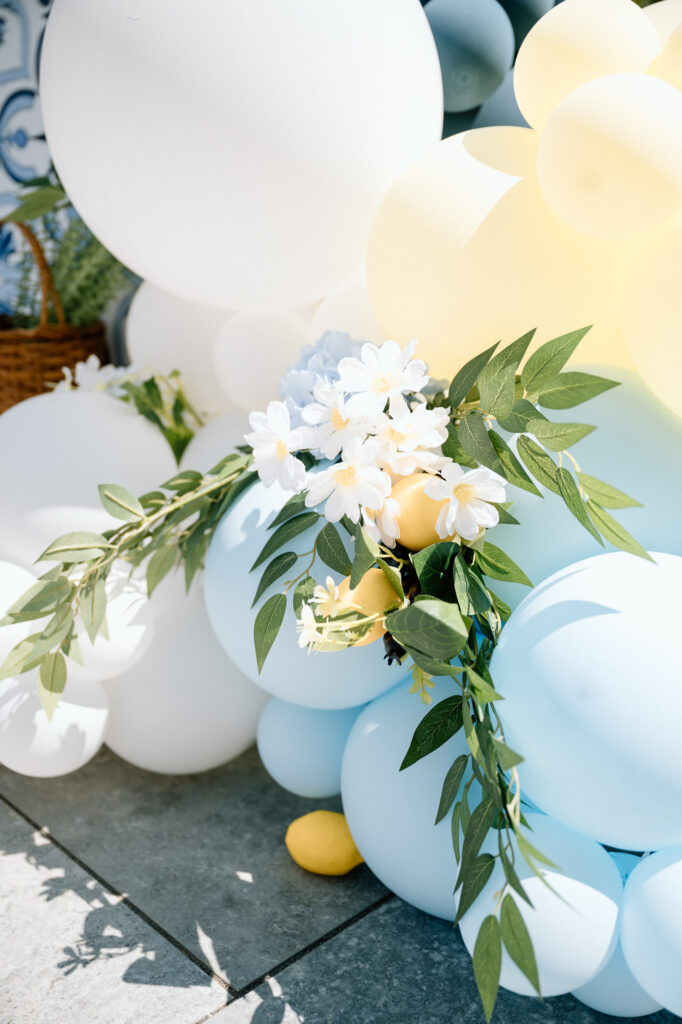 Lemon-themed first birthday party setup with soft blues and white in Louisville KY