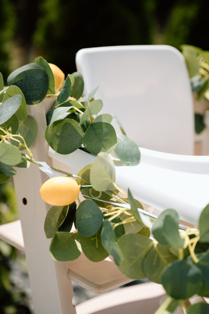 Lemon-themed first birthday party setup with soft blues and white in Louisville KY