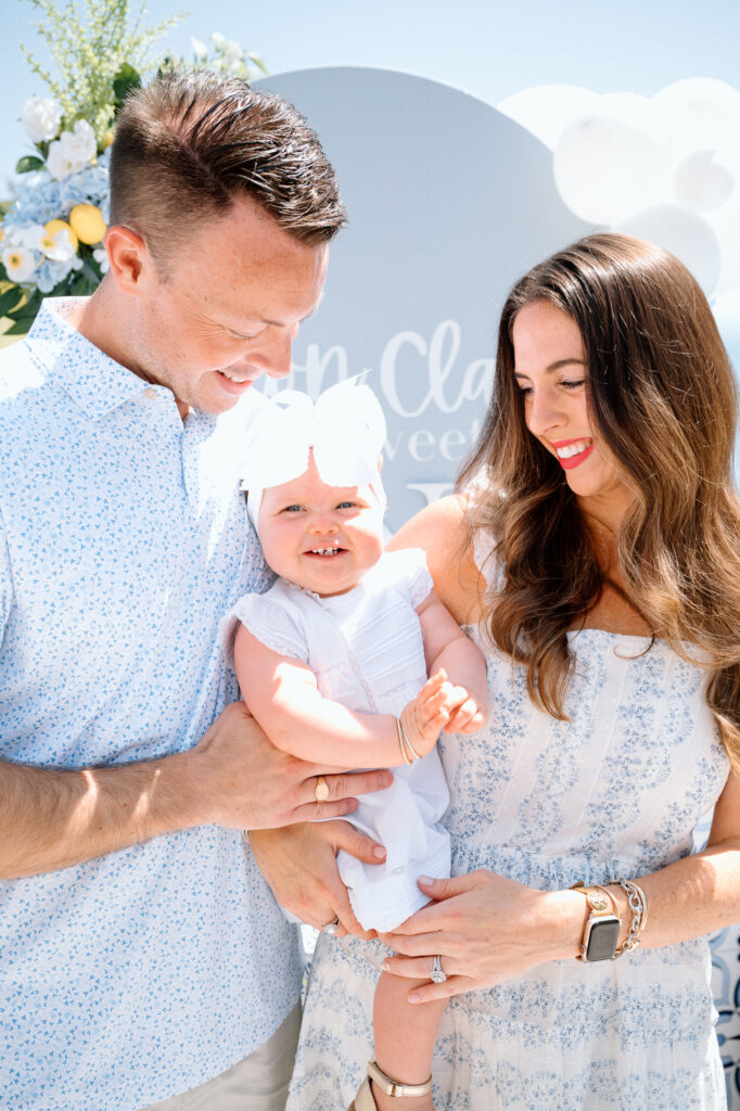 Lemon-themed first birthday party setup with soft blues and white in Louisville KY