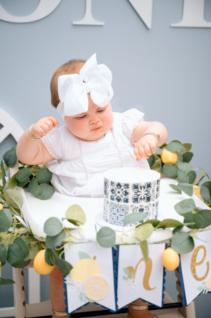 Elegant blue and white birthday decor with fresh lemons, Louisville family session