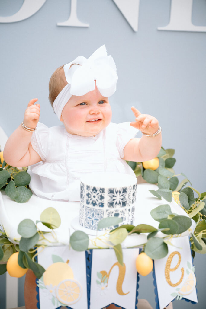 Elegant blue and white birthday decor with fresh lemons, Louisville family session