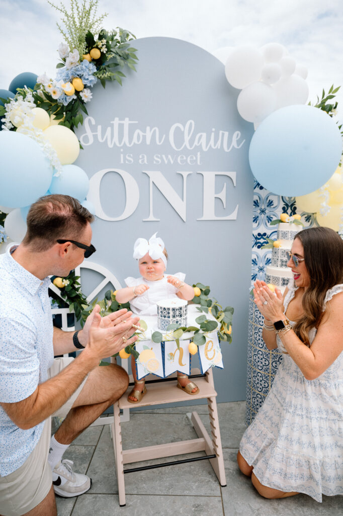 Elegant blue and white birthday decor with fresh lemons, Louisville family session