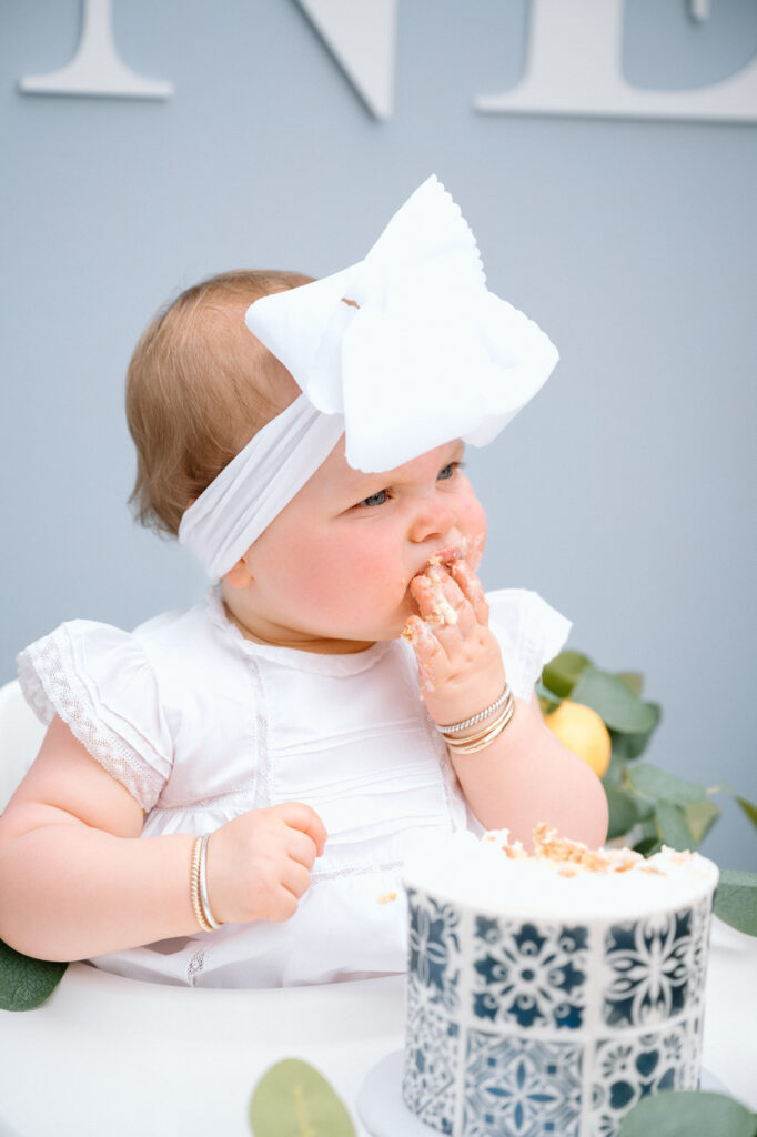 Elegant blue and white birthday decor with fresh lemons, Louisville family session