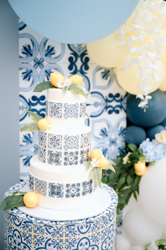 Elegant blue and white birthday decor with fresh lemons, Louisville family session
