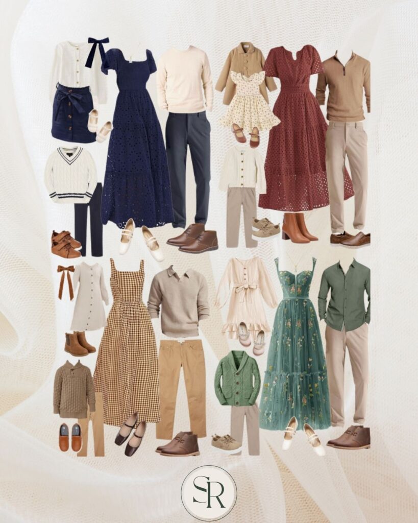 Fall mini session outfit inspiration with rust, olive, and cream tones